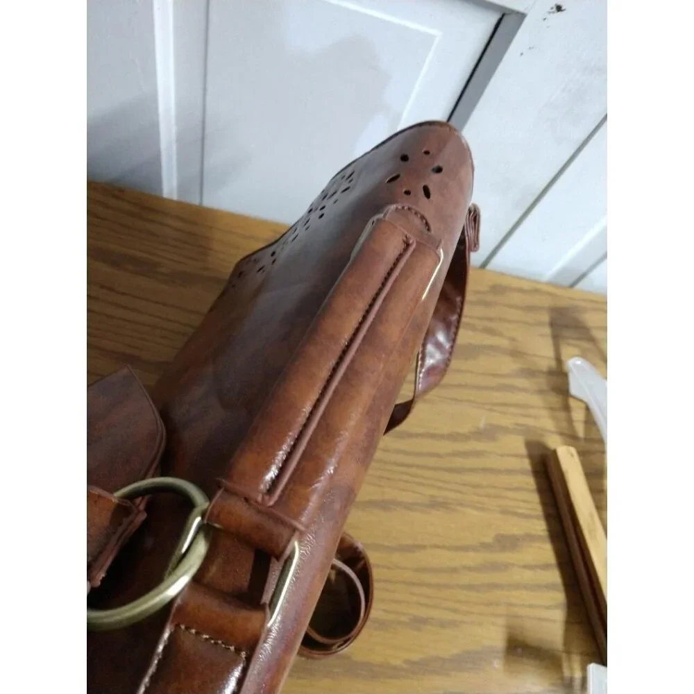 Vintage-Inspired Brown Crossbody Satchel Bag Computer Bag W/Bow Accent Ecosusi